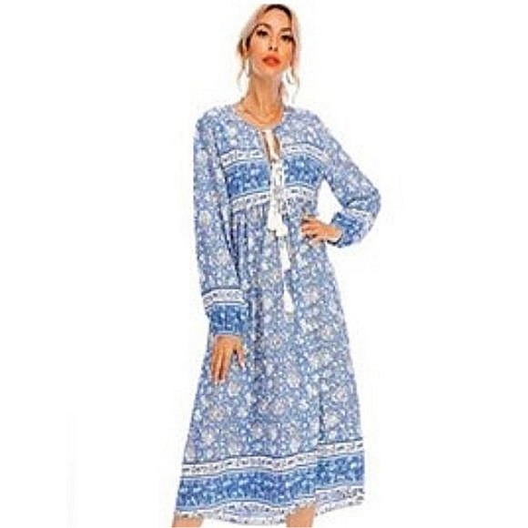 R. Vivimos Long Sleeve Floral Print V-Neck Tassel‎ Bohemian Dress Size M - Picture 1 of 8